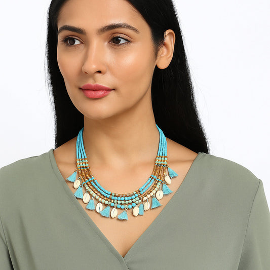 Shell Tassel Beaded Necklace,Glass Seed Beaded Bohemian Boho, Ethnic Necklace FNC1009-1