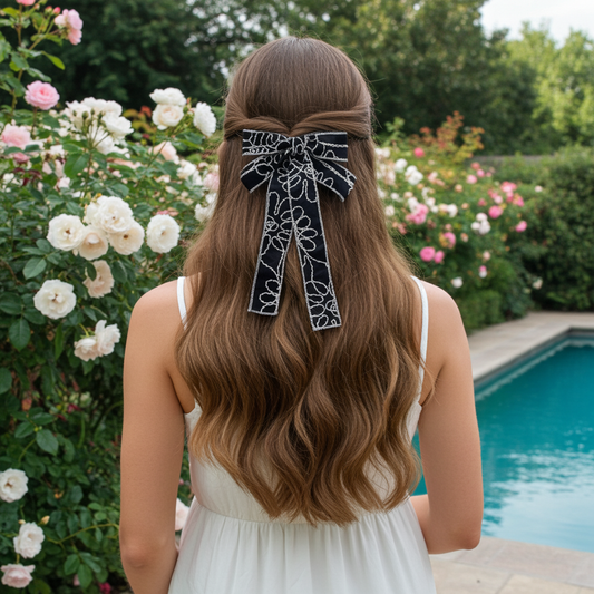 Woman with long hair featuring a decorative hair bow, standing by a pool with flowers in the background