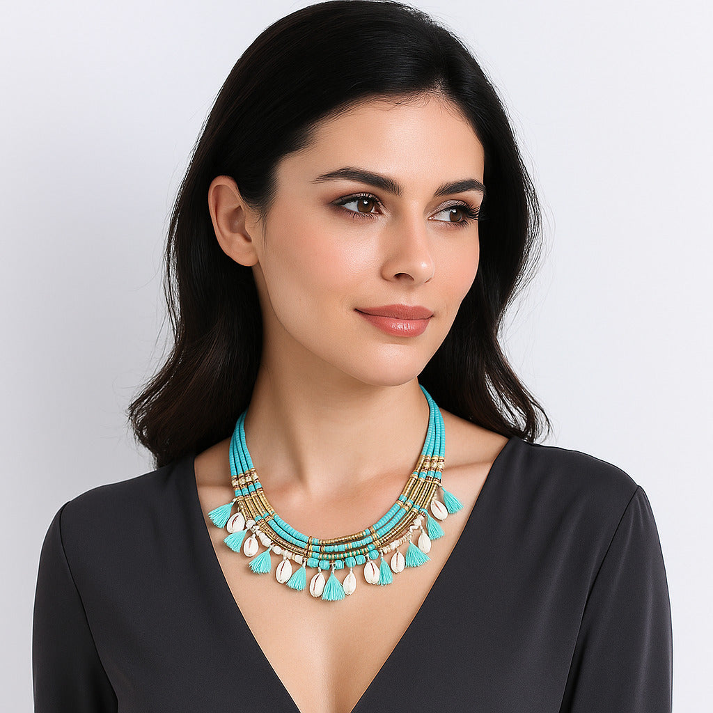 Shell Tassel Beaded Necklace,Glass Seed Beaded Bohemian Boho, Ethnic Necklace FNC1009-0