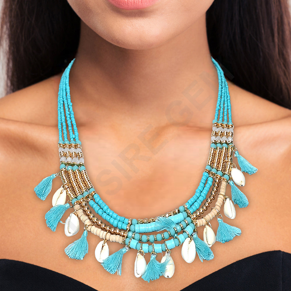 Shell Tassel Beaded Necklace,Glass Seed Beaded Bohemian Boho, Ethnic Necklace FNC1009-4