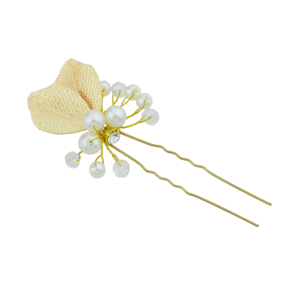 Hair Accessories Pearl Beads Gold Leaf Hair Sticks Wedding Party Hair Clips Gift-0